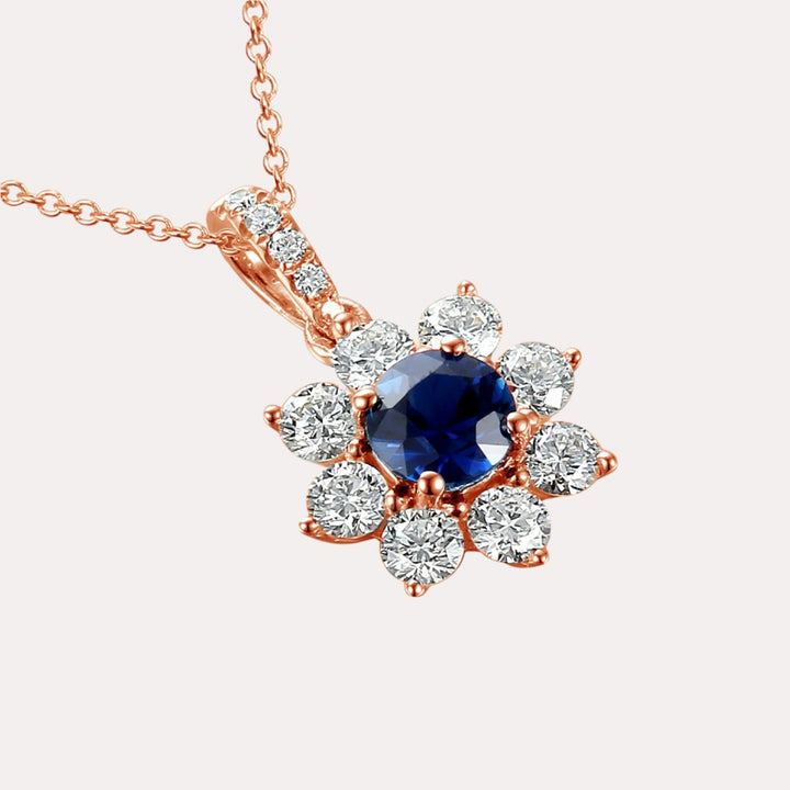Blue Sapphire & Diamond Halo Flower Pendant Necklace In 18K Gold - The Jewelyst. - Blue Sapphire & Diamond Halo Flower Pendant Necklace In 18K Gold