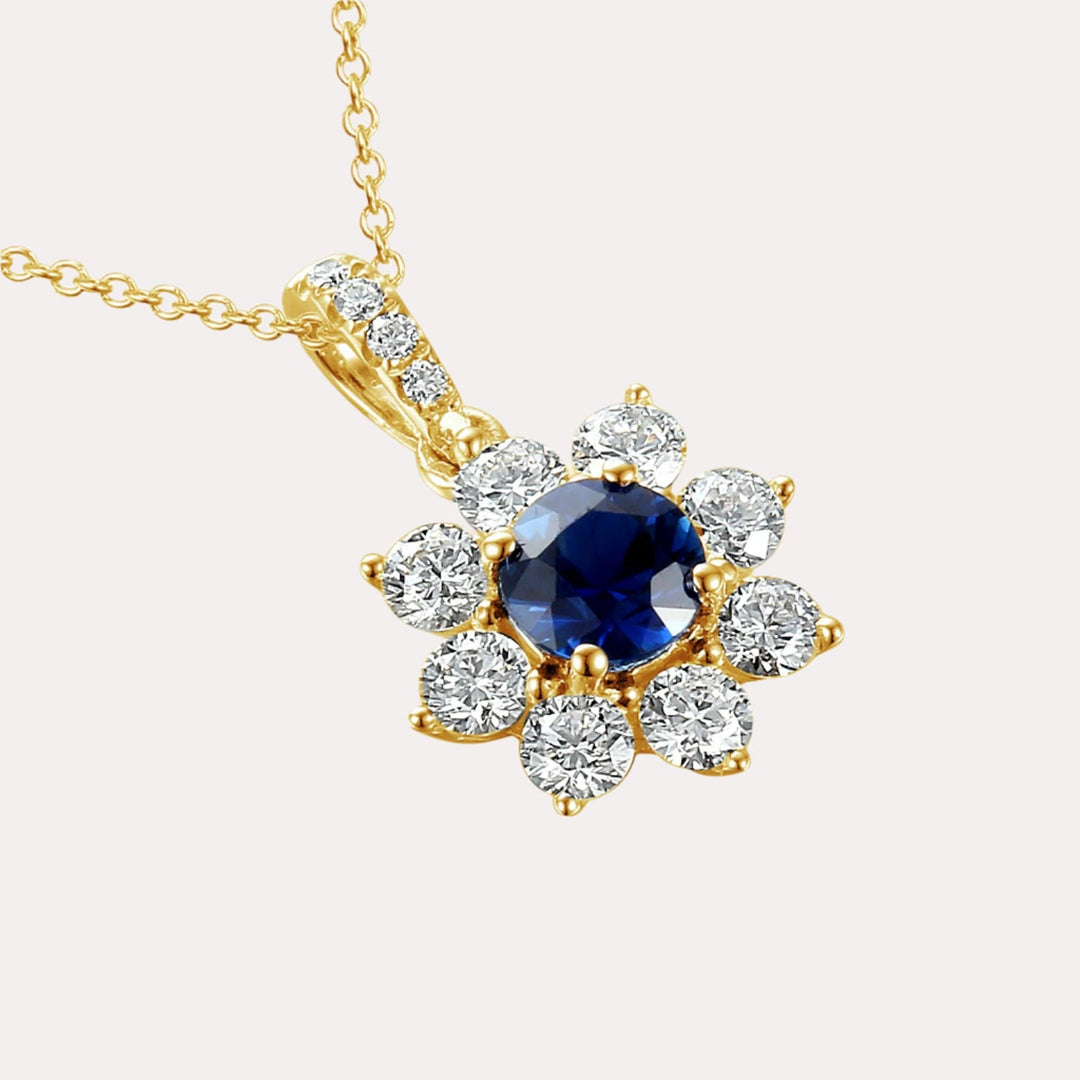 Blue Sapphire & Diamond Halo Flower Pendant Necklace In 18K Gold - The Jewelyst. - Blue Sapphire & Diamond Halo Flower Pendant Necklace In 18K Gold