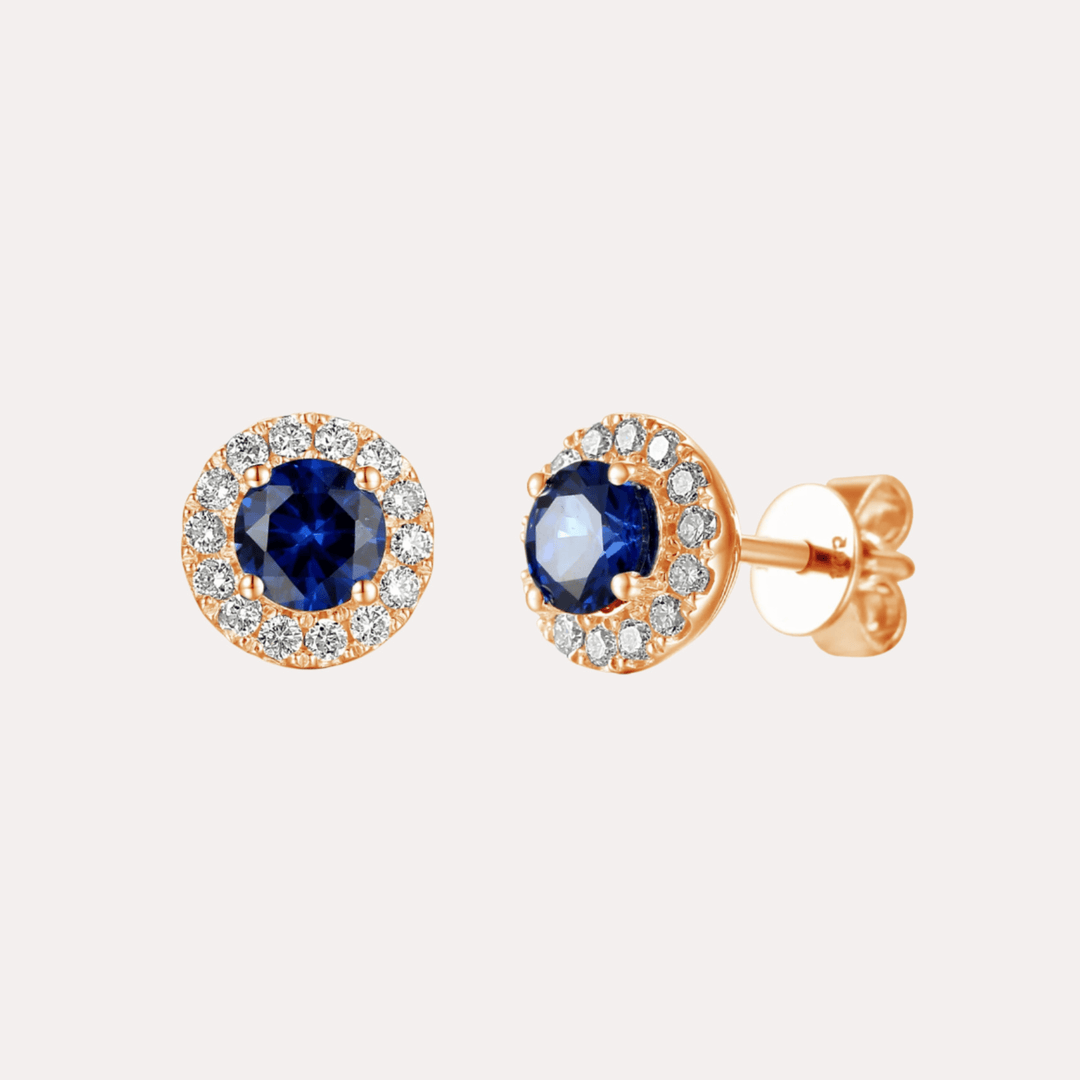 Blue Sapphire Halo Earrings In 18K Gold - The Jewelyst. - Blue Sapphire Halo Earrings In 18K Gold