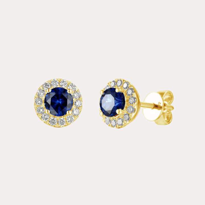 Blue Sapphire Halo Earrings In 18K Gold - The Jewelyst. - Blue Sapphire Halo Earrings In 18K Gold