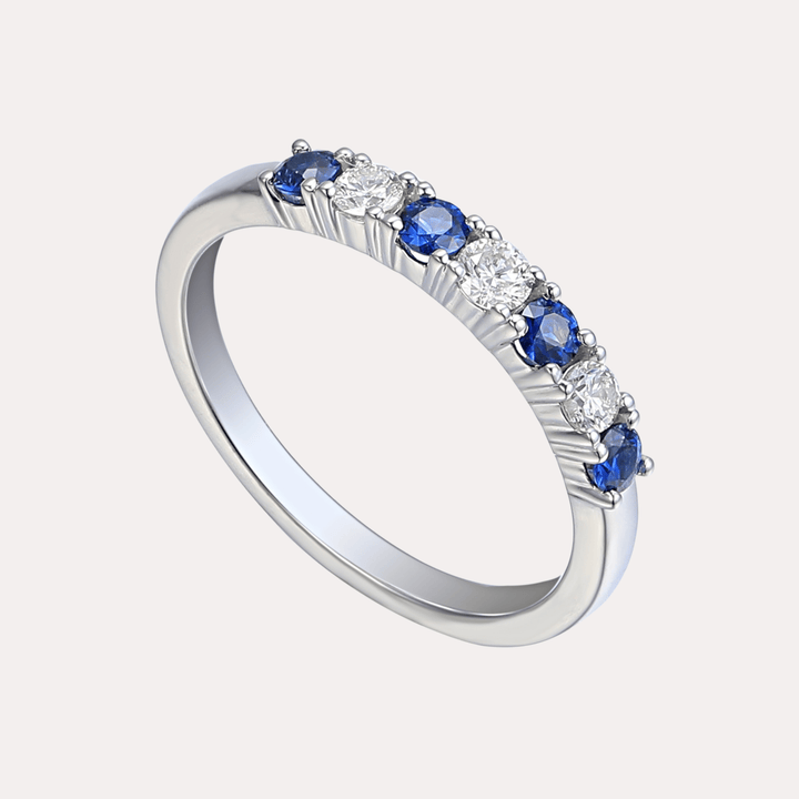 Blue Sapphire & Round Brilliant Cut 7 Stone Eternity Ring - The Jewelyst. - Blue Sapphire & Round Brilliant Cut 7 Stone Eternity Ring