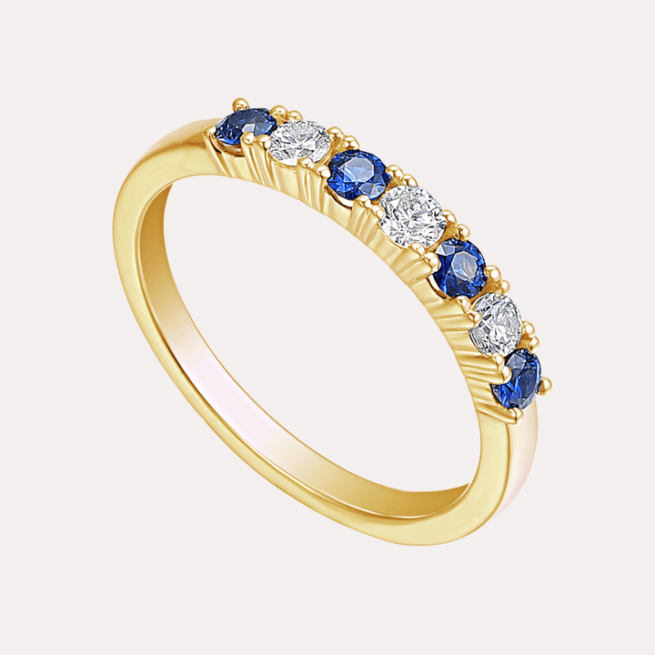 Blue Sapphire & Round Brilliant Cut 7 Stone Eternity Ring - The Jewelyst. - Blue Sapphire & Round Brilliant Cut 7 Stone Eternity Ring