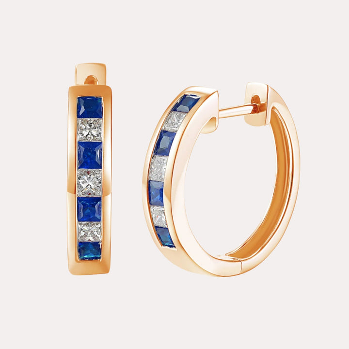 Channel Set Princess Blue Sapphire & Diamond Huggies In 18K Gold - The Jewelyst. - Channel Set Princess Blue Sapphire & Diamond Huggies In 18K Gold