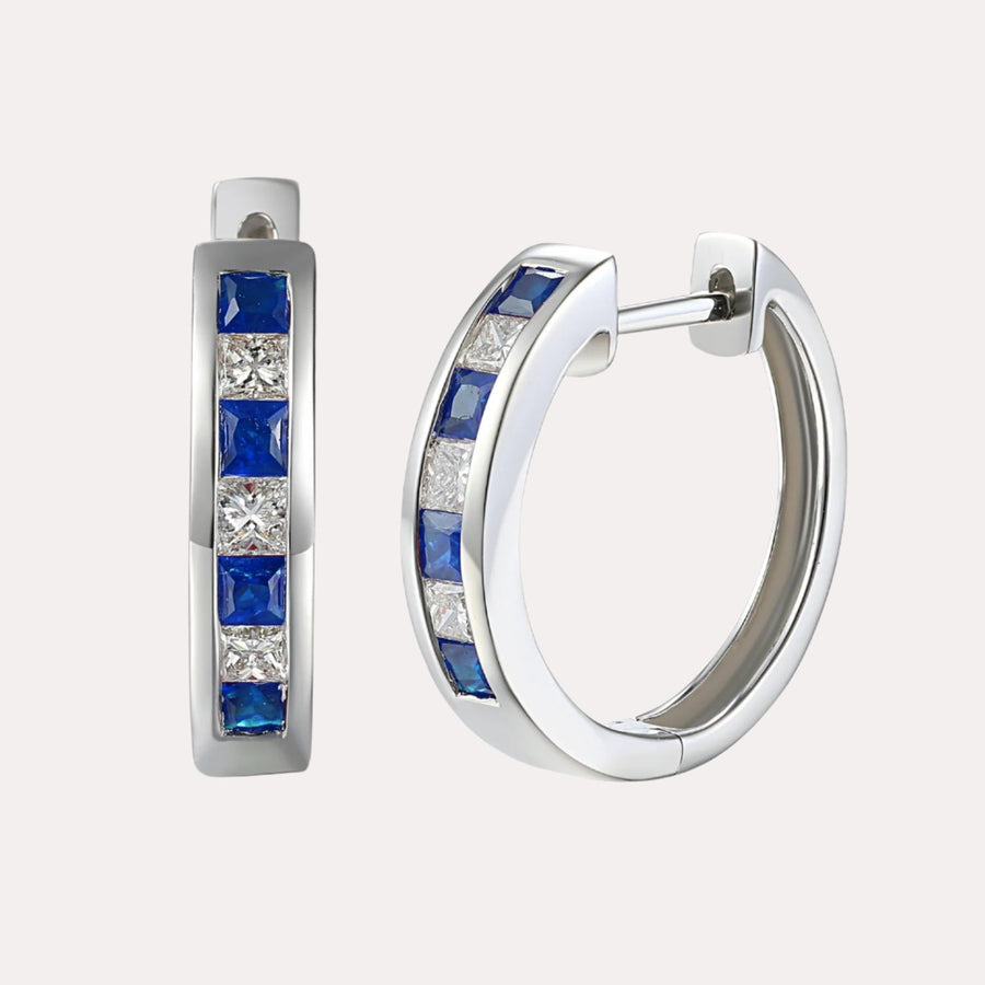 Channel Set Princess Blue Sapphire & Diamond Huggies In 18K Gold - The Jewelyst. - Channel Set Princess Blue Sapphire & Diamond Huggies In 18K Gold