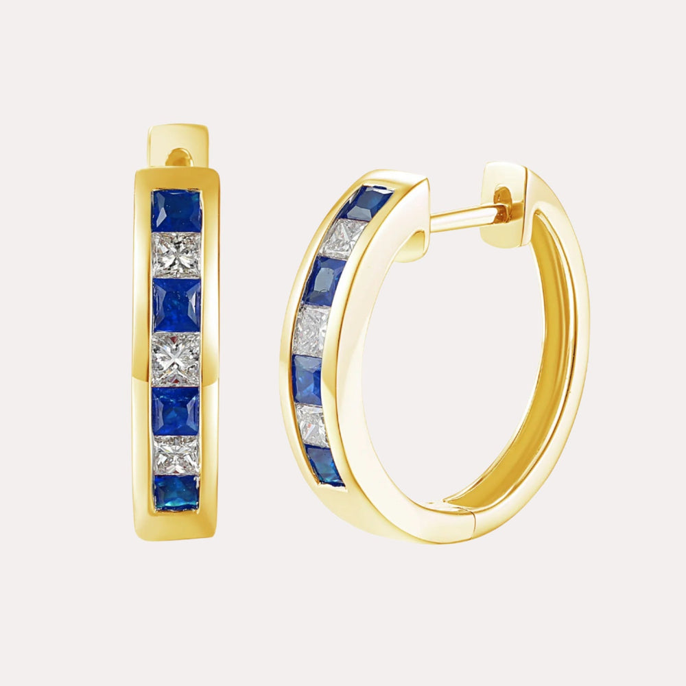 Channel Set Princess Blue Sapphire & Diamond Huggies In 18K Gold - The Jewelyst. - Channel Set Princess Blue Sapphire & Diamond Huggies In 18K Gold
