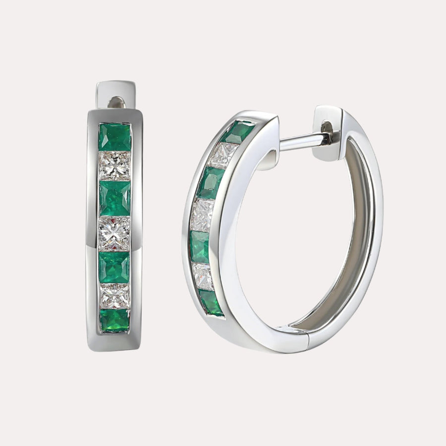 Channel Set Princess Emerald & Diamond Huggies In 18K Gold - The Jewelyst. - Channel Set Princess Emerald & Diamond Huggies In 18K Gold