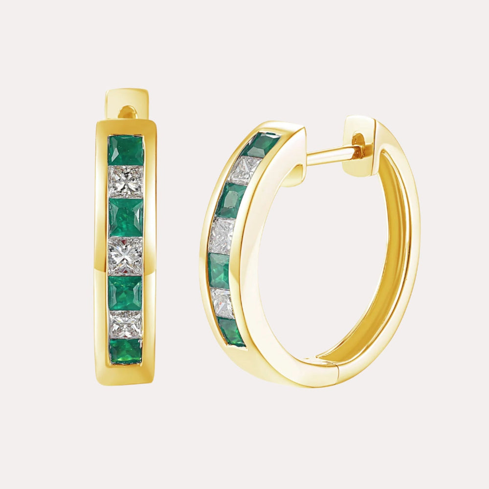 Channel Set Princess Emerald & Diamond Huggies In 18K Gold - The Jewelyst. - Channel Set Princess Emerald & Diamond Huggies In 18K Gold