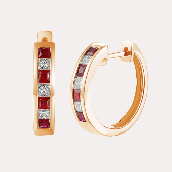 Channel Set Princess Ruby & Diamond Huggies In 18K Gold - The Jewelyst. - Channel Set Princess Ruby & Diamond Huggies In 18K Gold