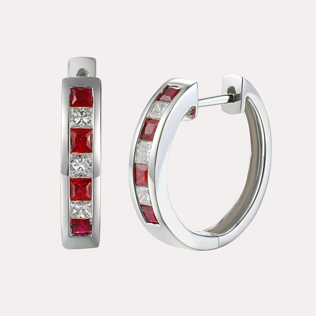 Channel Set Princess Ruby & Diamond Huggies In 18K Gold - The Jewelyst. - Channel Set Princess Ruby & Diamond Huggies In 18K Gold