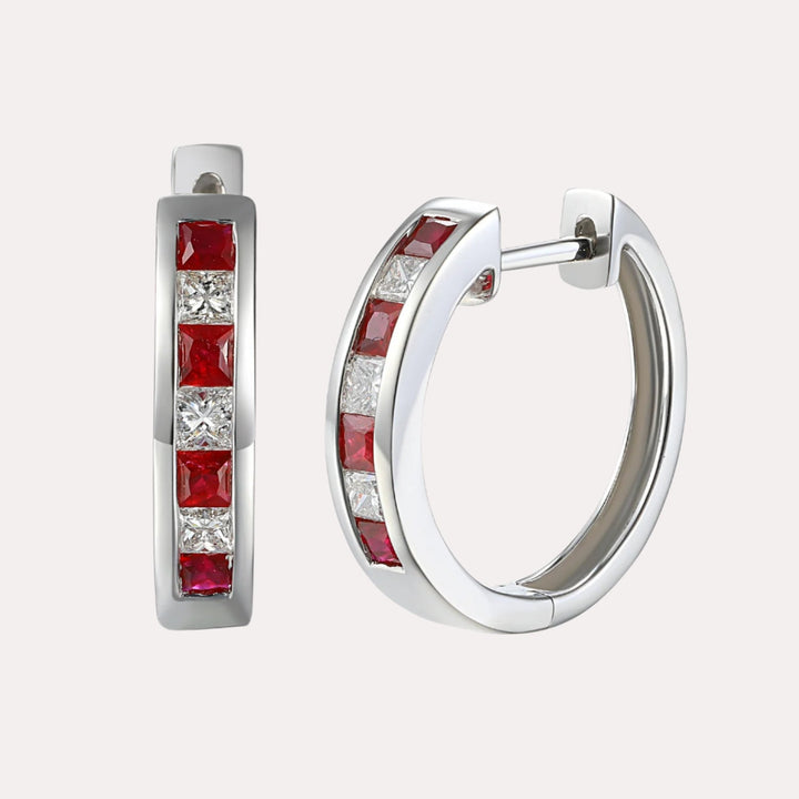 Channel Set Princess Ruby & Diamond Huggies In 18K Gold - The Jewelyst. - Channel Set Princess Ruby & Diamond Huggies In 18K Gold