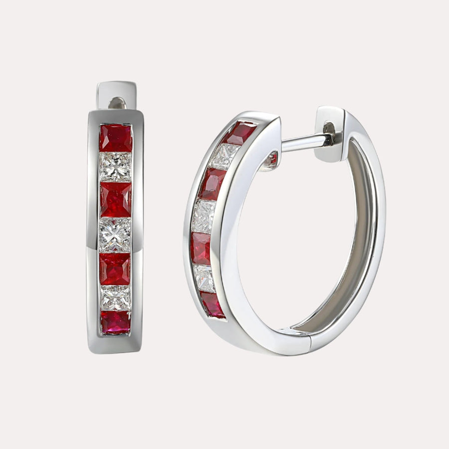 Channel Set Princess Ruby & Diamond Huggies In 18K Gold - The Jewelyst. - Channel Set Princess Ruby & Diamond Huggies In 18K Gold