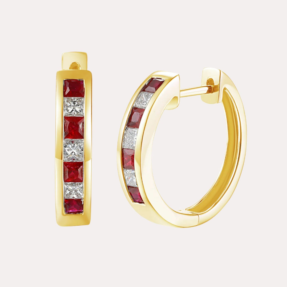 Channel Set Princess Ruby & Diamond Huggies In 18K Gold - The Jewelyst. - Channel Set Princess Ruby & Diamond Huggies In 18K Gold
