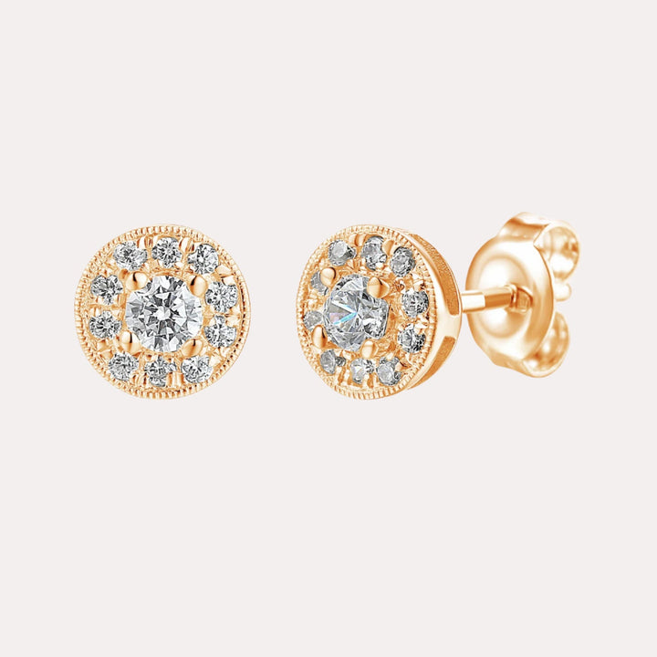 Cirelle Round Diamond Halo Earrings In 18K Gold - The Jewelyst. - Cirelle Round Diamond Halo Earrings In 18K Gold
