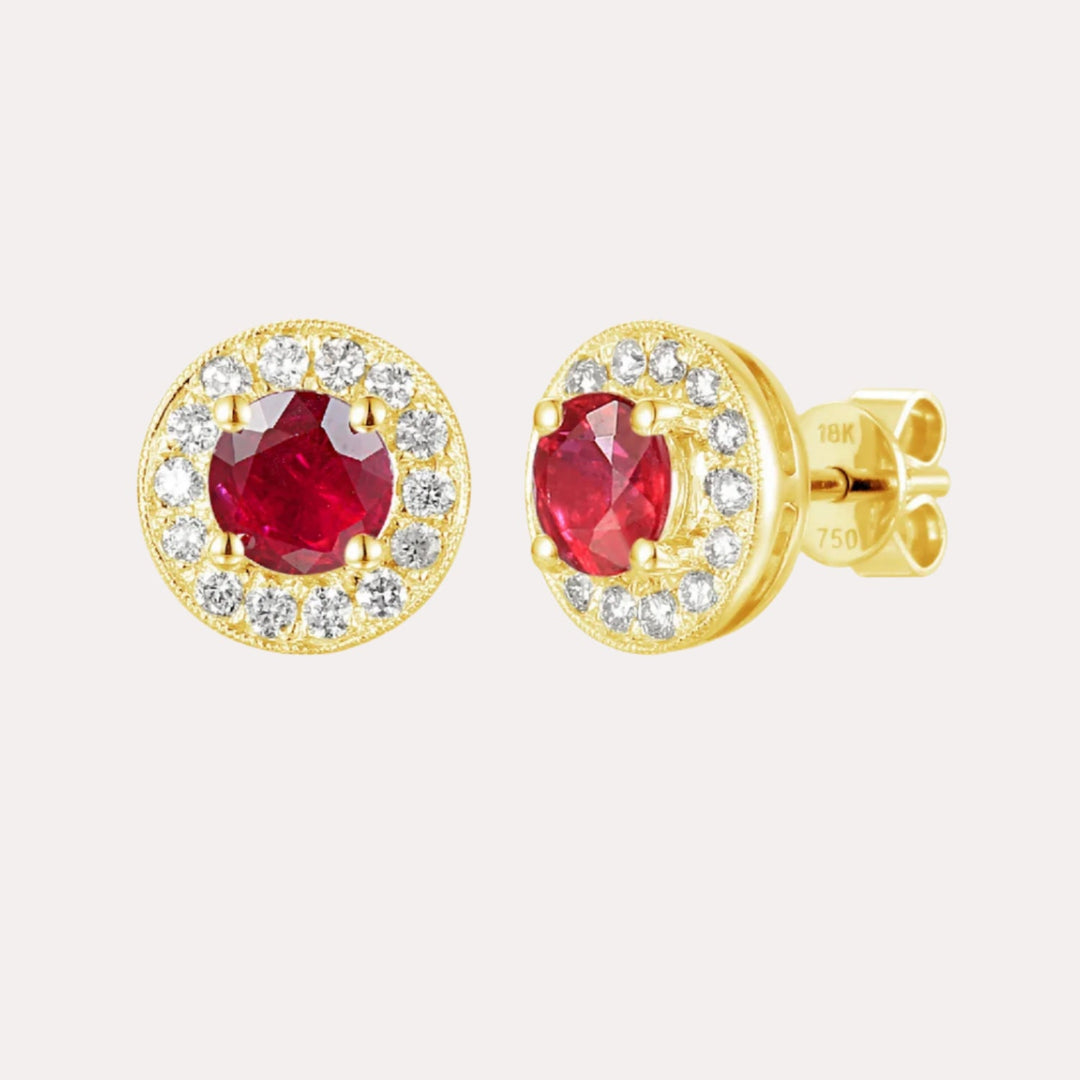 Cirelle Ruby Set Halo Earrings In 18K Gold - The Jewelyst. - Cirelle Ruby Set Halo Earrings In 18K Gold