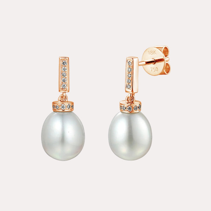 Classic Round Pearl & Diamond Line Drop Earrings In 18K Gold - The Jewelyst. - Classic Round Pearl & Diamond Line Drop Earrings In 18K Gold
