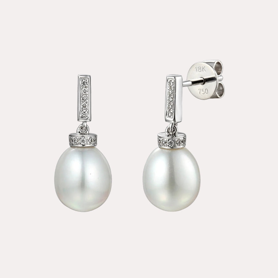 Classic Round Pearl & Diamond Line Drop Earrings In 18K Gold - The Jewelyst. - Classic Round Pearl & Diamond Line Drop Earrings In 18K Gold