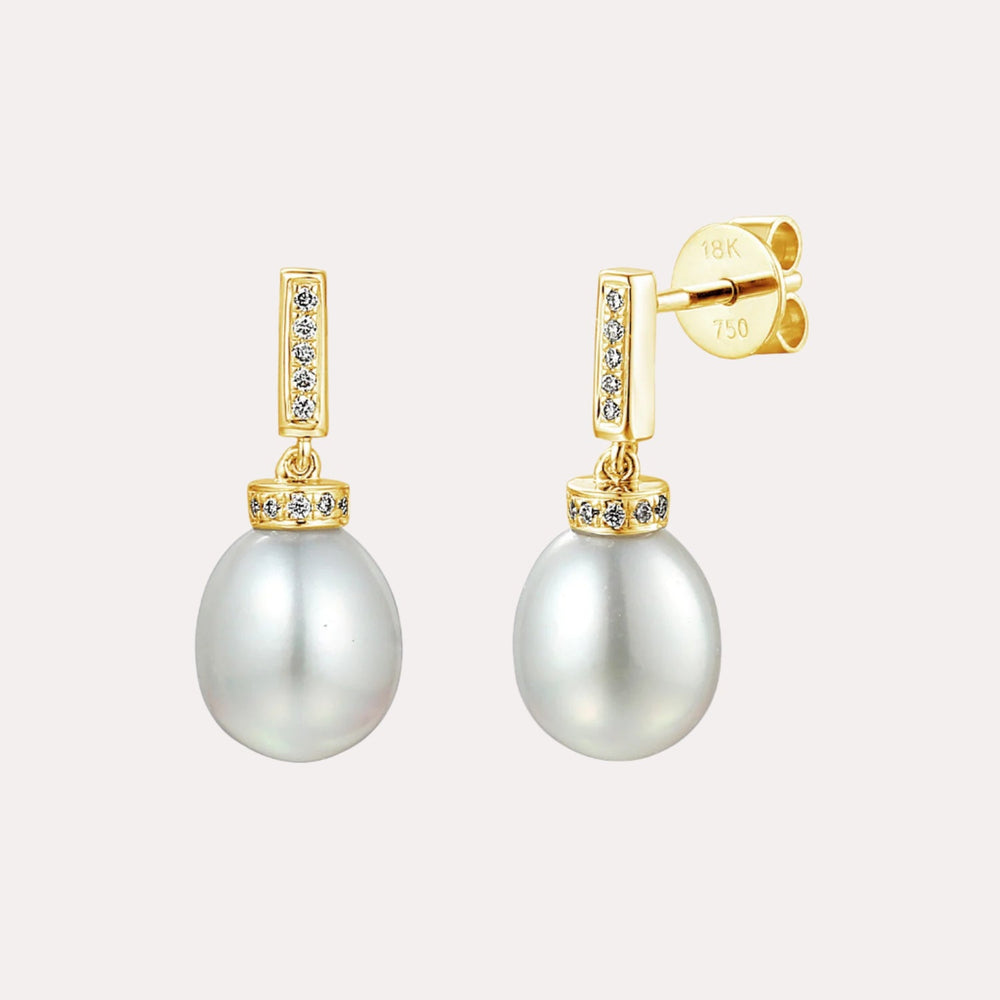Classic Round Pearl & Diamond Line Drop Earrings In 18K Gold - The Jewelyst. - Classic Round Pearl & Diamond Line Drop Earrings In 18K Gold