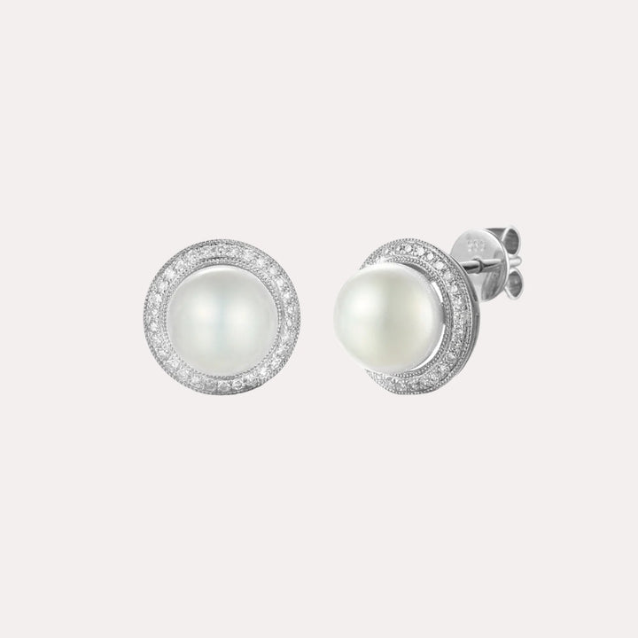 Classic Round Pearl Halo Earrings In 18K Gold - The Jewelyst. - Classic Round Pearl Halo Earrings In 18K Gold