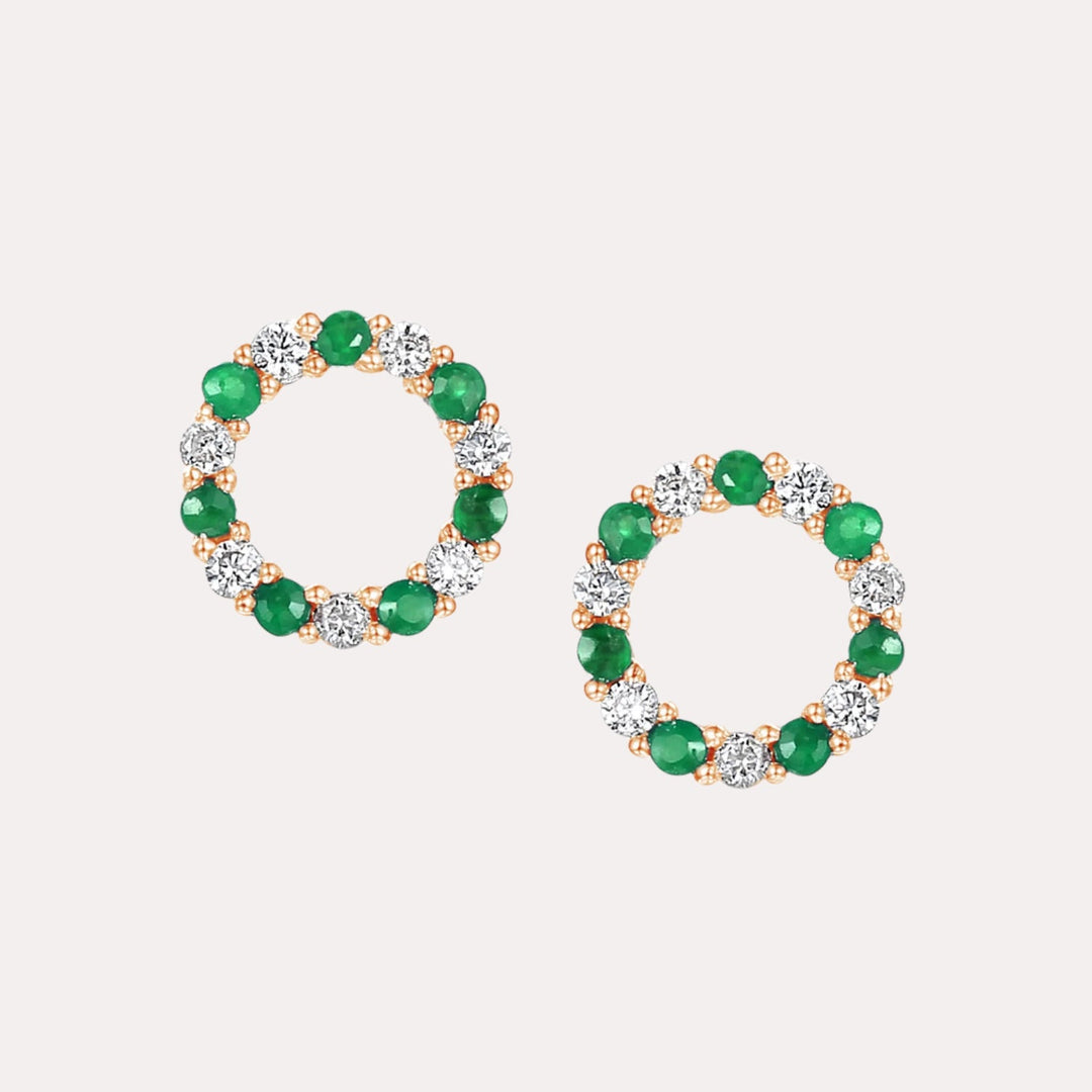 Emerald & Diamond Circle Earrings In 18K Gold - The Jewelyst. - Emerald & Diamond Circle Earrings In 18K Gold