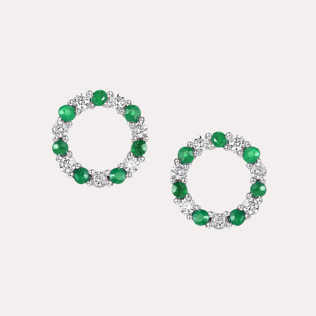 Emerald & Diamond Circle Earrings In 18K Gold - The Jewelyst. - Emerald & Diamond Circle Earrings In 18K Gold