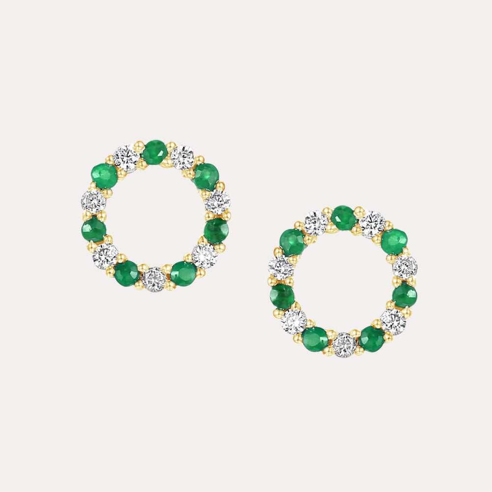 Emerald & Diamond Circle Earrings In 18K Gold - The Jewelyst. - Emerald & Diamond Circle Earrings In 18K Gold
