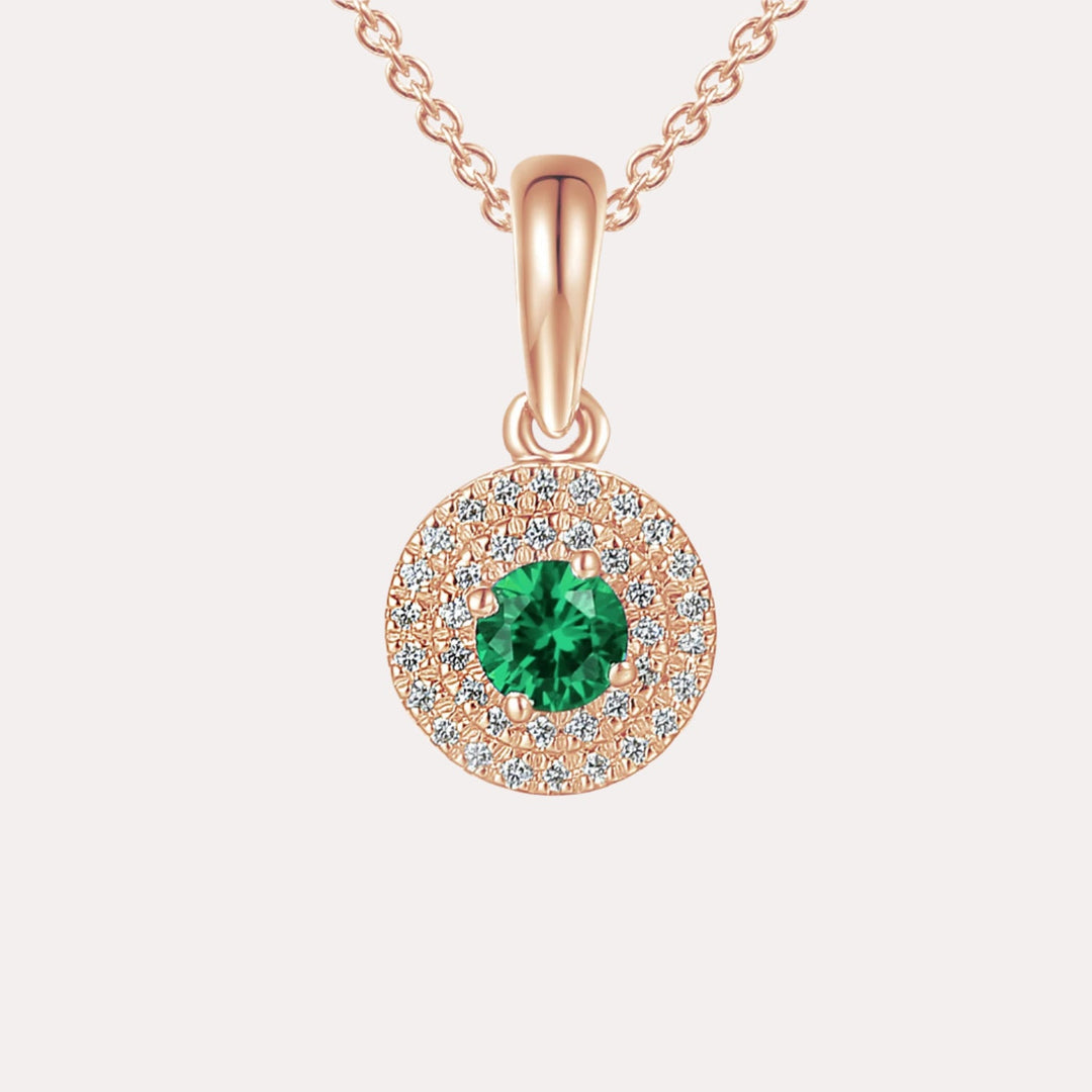 Emerald & Diamond Double Halo Pendant Necklace In 18K Gold - The Jewelyst. - Emerald & Diamond Double Halo Pendant Necklace In 18K Gold