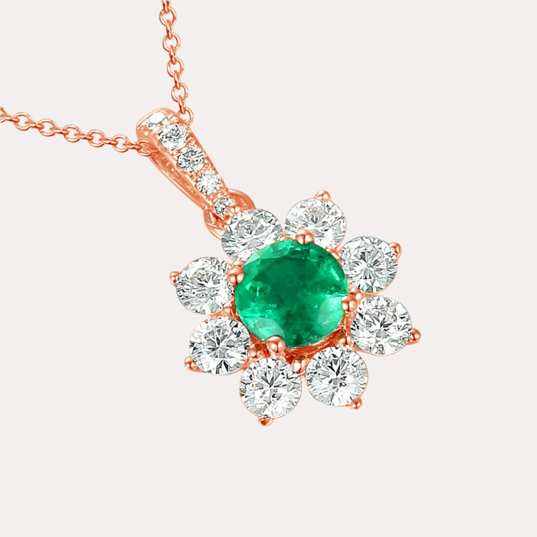 Emerald & Diamond Halo Flower Pendant Necklace In 18K Gold - The Jewelyst. - Emerald & Diamond Halo Flower Pendant Necklace In 18K Gold