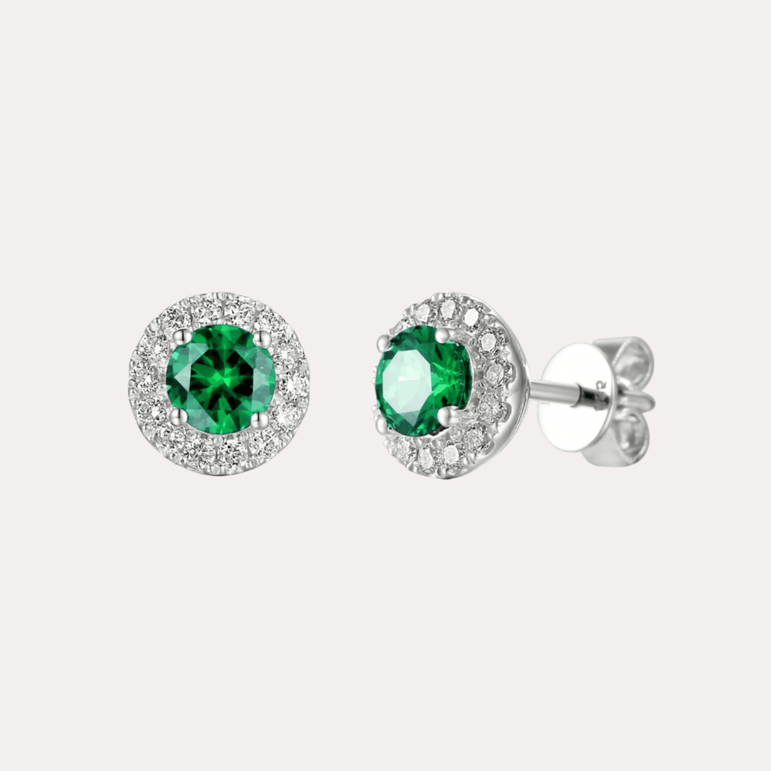 Emerald Halo Earrings In 18K Gold - The Jewelyst. - Emerald Halo Earrings In 18K Gold