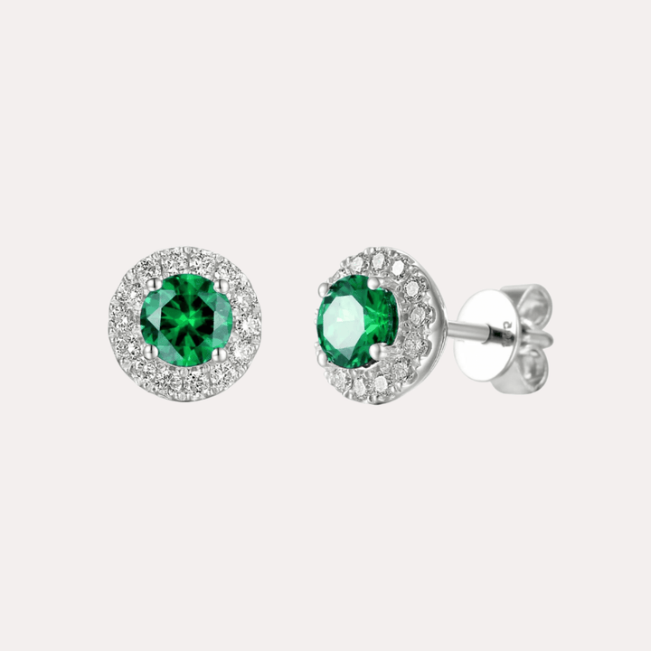 Emerald Halo Earrings In 18K Gold - The Jewelyst. - Emerald Halo Earrings In 18K Gold