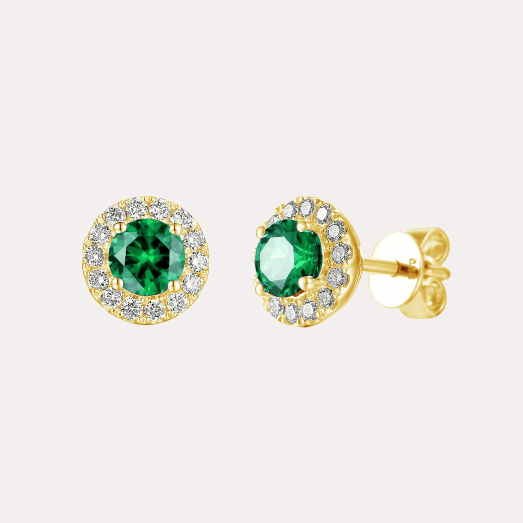 Emerald Halo Earrings In 18K Gold - The Jewelyst. - Emerald Halo Earrings In 18K Gold