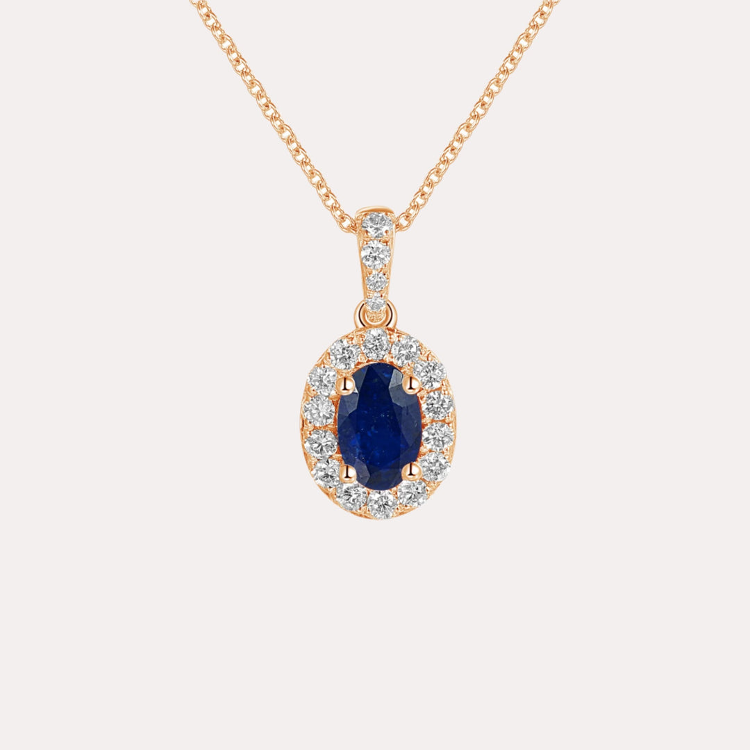 Oval Blue Sapphire & Diamond Halo Pendant Necklace In 18K Gold - The Jewelyst. - Oval Blue Sapphire & Diamond Halo Pendant Necklace In 18K Gold