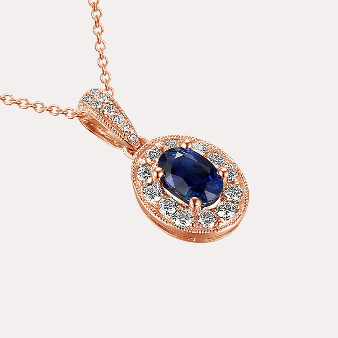Oval Cut Blue Sapphire Halo Pendant Necklace In 18K Gold - The Jewelyst. - Oval Cut Blue Sapphire Halo Pendant Necklace In 18K Gold