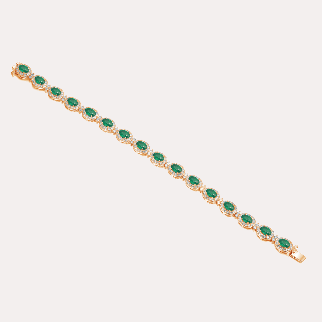 Oval Cut Emerald & Diamond Halo Tennis Bracelet In 18K Gold - The Jewelyst. - Oval Cut Emerald & Diamond Halo Tennis Bracelet In 18K Gold