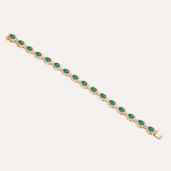 Oval Cut Emerald & Diamond Halo Tennis Bracelet In 18K Gold - The Jewelyst. - Oval Cut Emerald & Diamond Halo Tennis Bracelet In 18K Gold