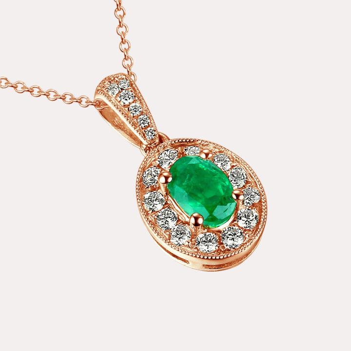 Oval Cut Emerald Halo Pendant Necklace In 18K Gold - The Jewelyst. - Oval Cut Emerald Halo Pendant Necklace In 18K Gold