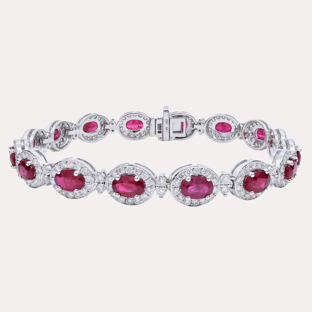 Oval Cut Ruby & Diamond Halo Tennis Bracelet In 18K Gold - The Jewelyst. - Oval Cut Ruby & Diamond Halo Tennis Bracelet In 18K Gold
