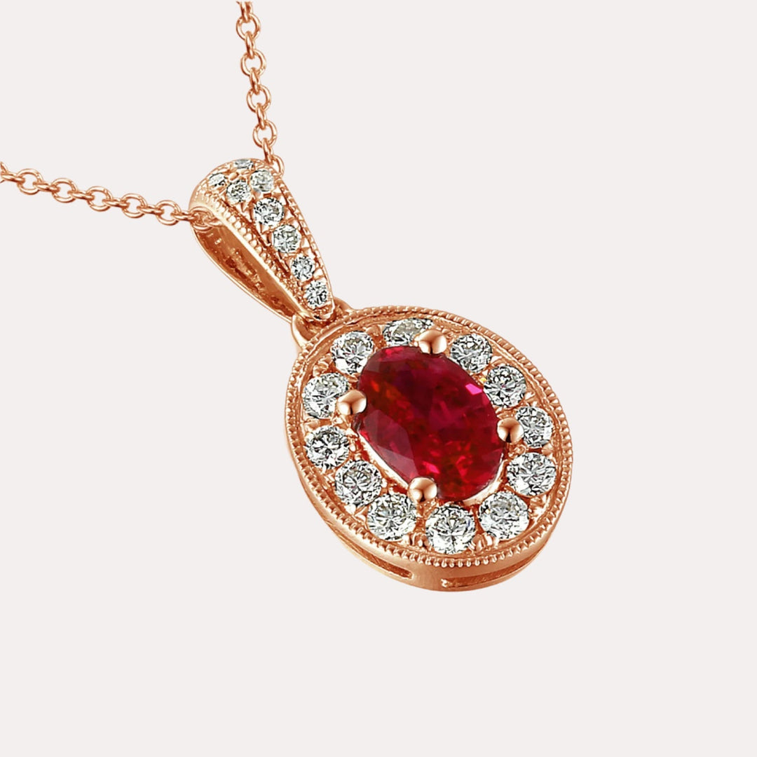 Oval Cut Ruby Halo Pendant Necklace In 18K Gold - The Jewelyst. - Oval Cut Ruby Halo Pendant Necklace In 18K Gold