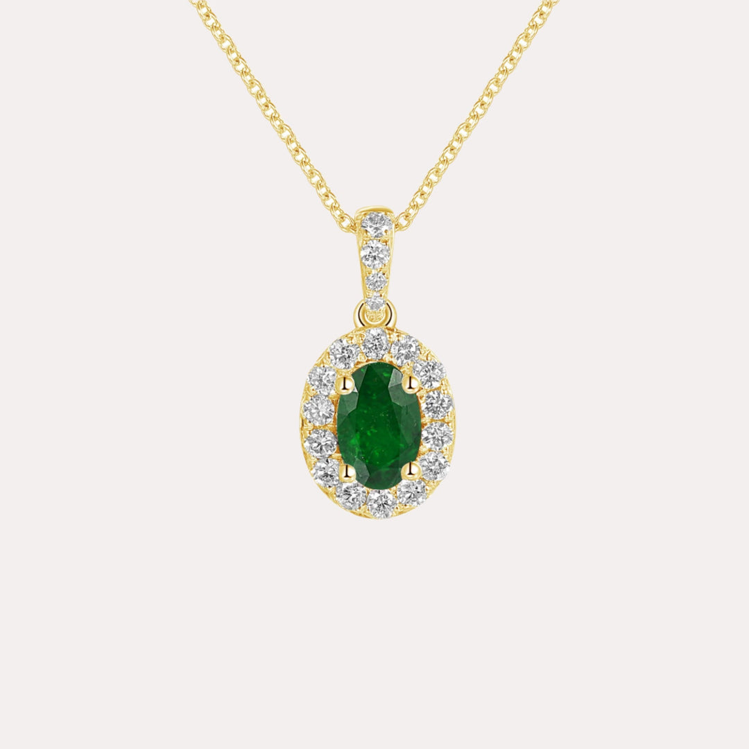 Oval Emerald & Diamond Halo Pendant Necklace In 18K Gold - The Jewelyst. - Oval Emerald & Diamond Halo Pendant Necklace In 18K Gold