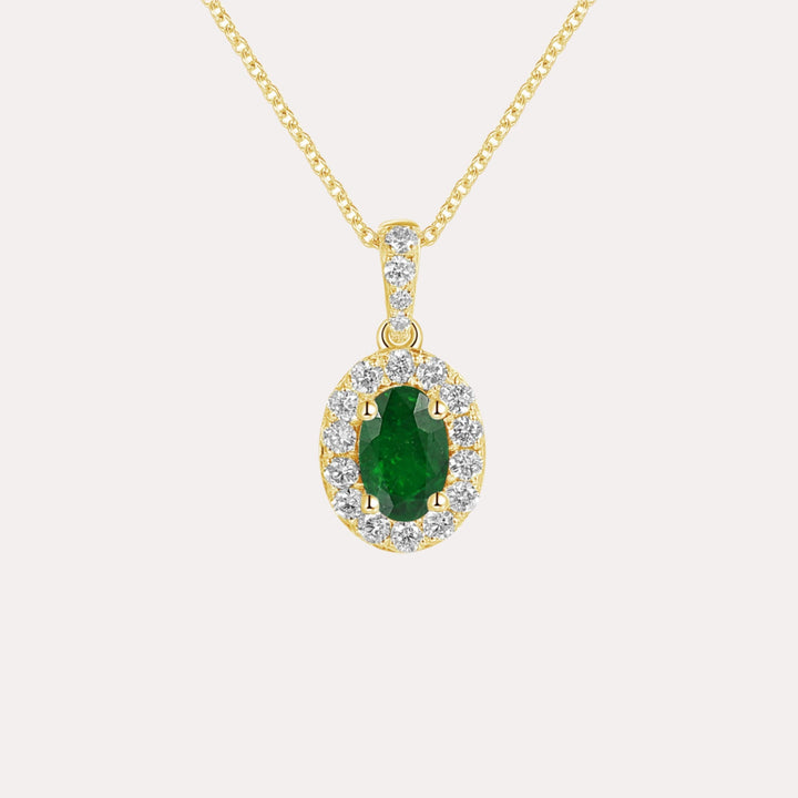 Oval Emerald & Diamond Halo Pendant Necklace In 18K Gold - The Jewelyst. - Oval Emerald & Diamond Halo Pendant Necklace In 18K Gold