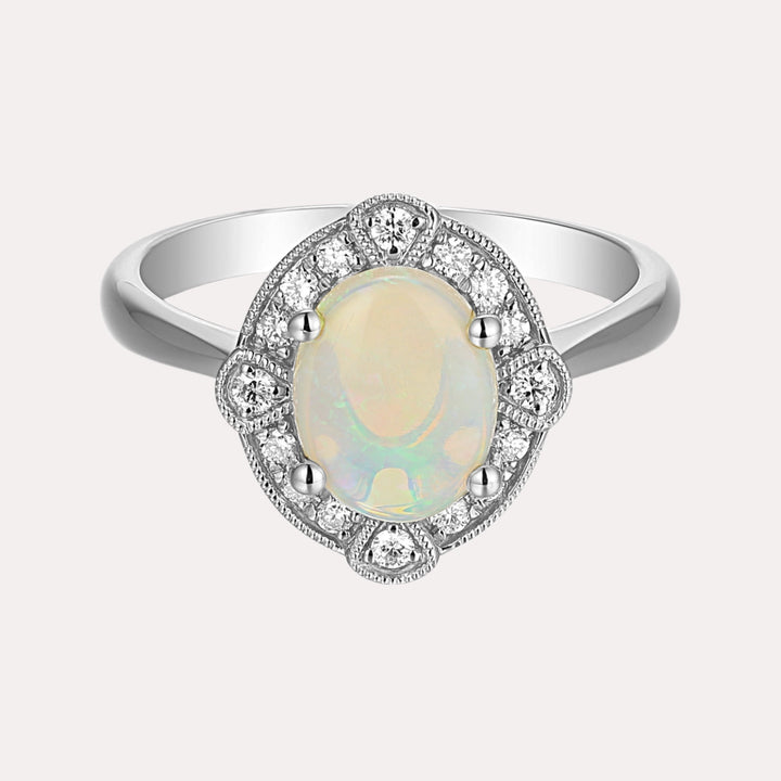 Oval Opal & Deco Diamond Halo Ring - The Jewelyst. - Oval Opal & Deco Diamond Halo Ring