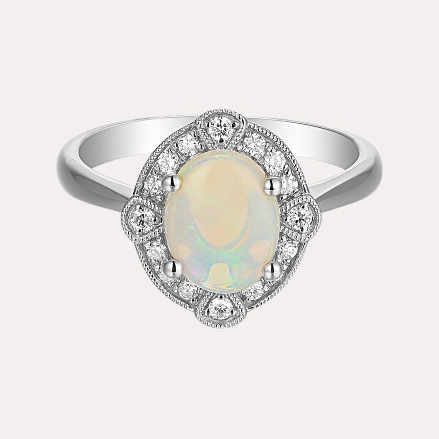 Oval Opal & Deco Diamond Halo Ring - The Jewelyst. - Oval Opal & Deco Diamond Halo Ring