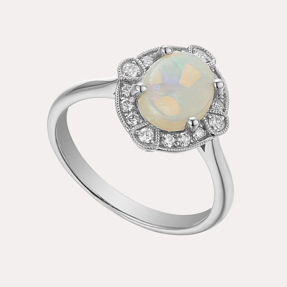 Oval Opal & Deco Diamond Halo Ring - The Jewelyst. - Oval Opal & Deco Diamond Halo Ring