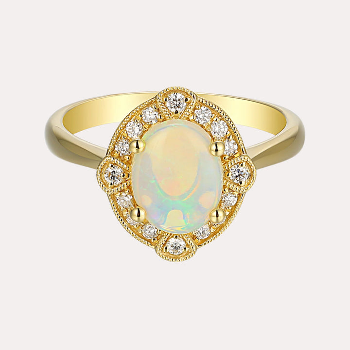 Oval Opal & Deco Diamond Halo Ring - The Jewelyst. - Oval Opal & Deco Diamond Halo Ring