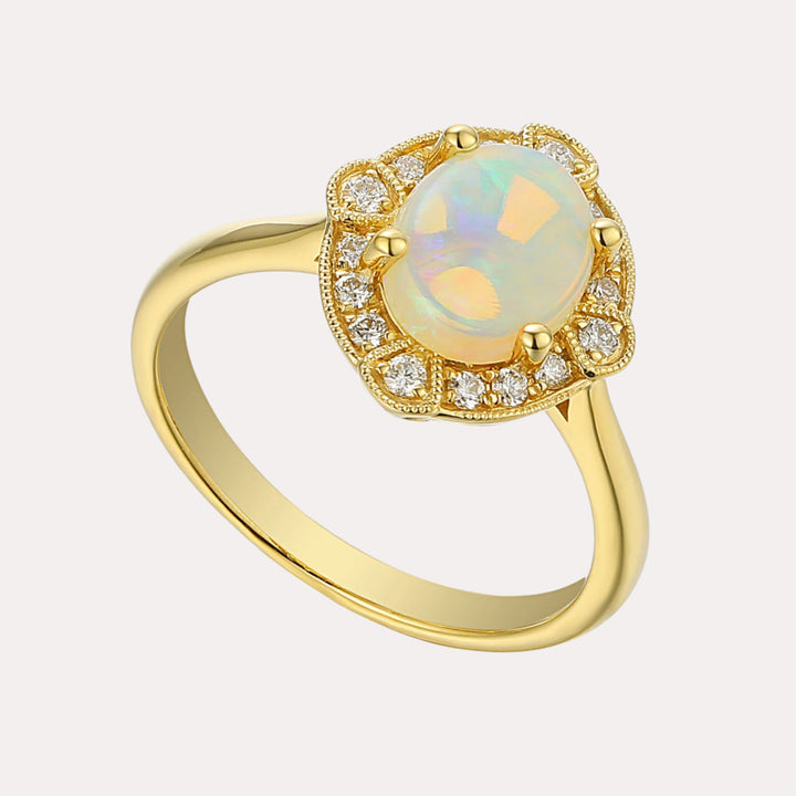 Oval Opal & Deco Diamond Halo Ring - The Jewelyst. - Oval Opal & Deco Diamond Halo Ring