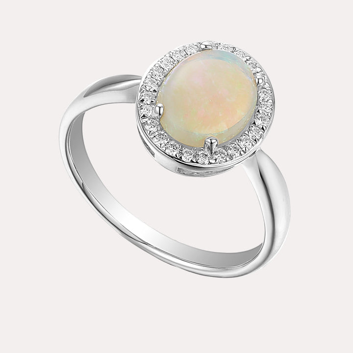 Oval Opal & Diamond Grain Set Halo Ring - The Jewelyst. - Oval Opal & Diamond Grain Set Halo Ring