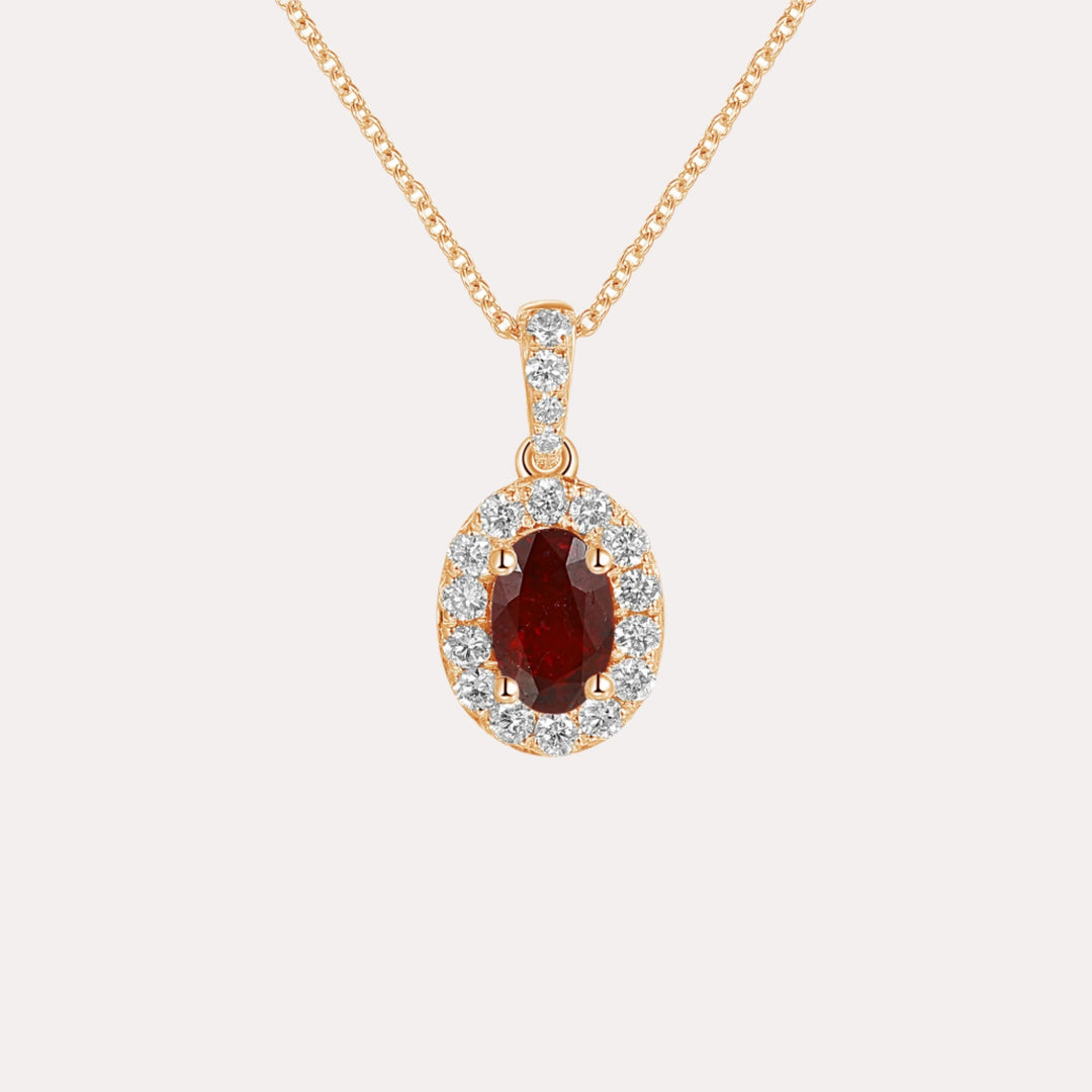 Oval Ruby & Diamond Halo Pendant Necklace In 18K Gold - The Jewelyst. - Oval Ruby & Diamond Halo Pendant Necklace In 18K Gold