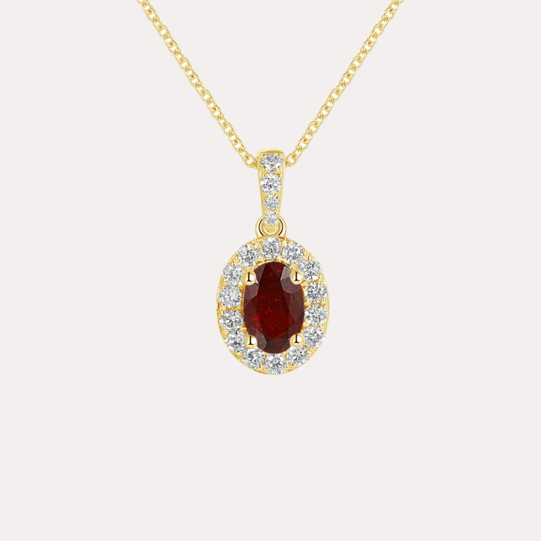 Oval Ruby & Diamond Halo Pendant Necklace In 18K Gold - The Jewelyst. - Oval Ruby & Diamond Halo Pendant Necklace In 18K Gold