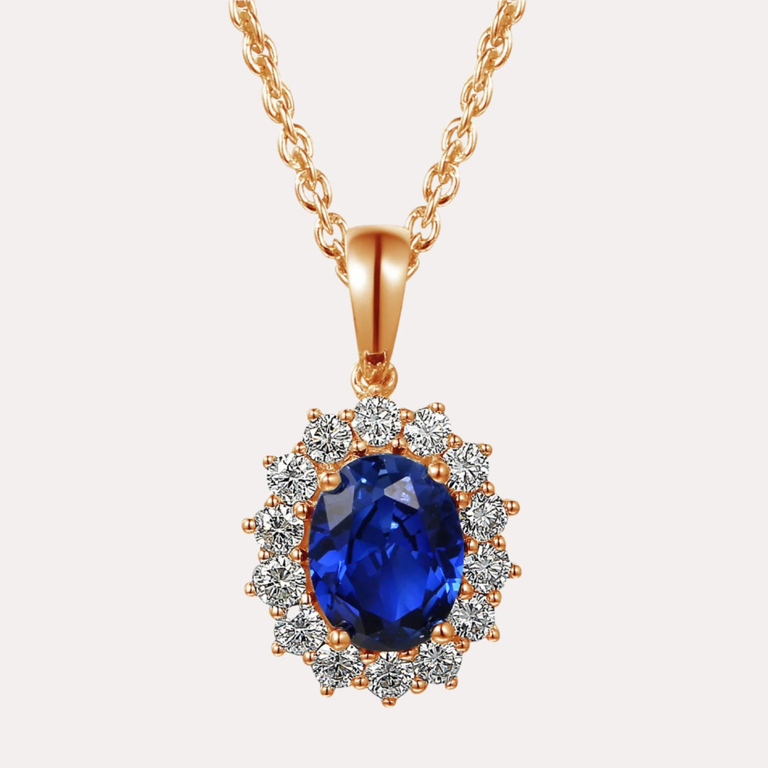 Oval Shape Blue Sapphire Halo Cluster Pendant Necklace In 18K Gold - The Jewelyst. - Oval Shape Blue Sapphire Halo Cluster Pendant Necklace In 18K Gold