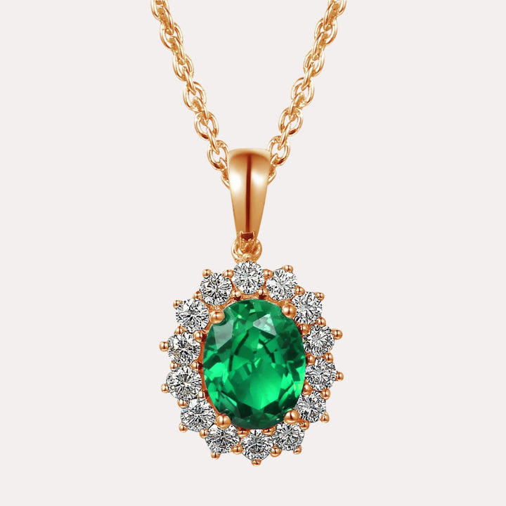 Oval Shape Emerald Halo Cluster Pendant Necklace In 18K Gold - The Jewelyst. - Oval Shape Emerald Halo Cluster Pendant Necklace In 18K Gold