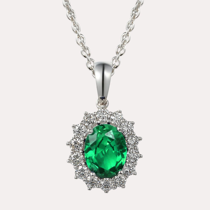 Oval Shape Emerald Halo Cluster Pendant Necklace In 18K Gold - The Jewelyst. - Oval Shape Emerald Halo Cluster Pendant Necklace In 18K Gold